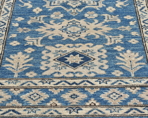 3x5 Feet Blue Kazak Afghan Hand Knotted Geometric Wool Area Rug